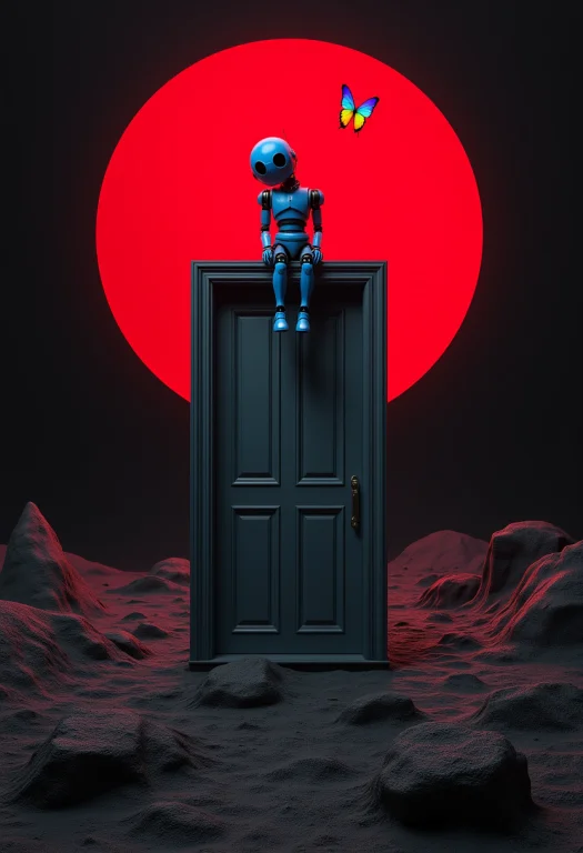 A Door Floating In Mid-air Within A Black And Red Surrealist...