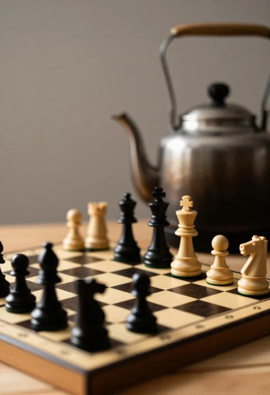 A Chessboard Mid-game Beside A Cooling Teapot, Hyperrealisti...