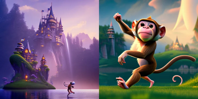 A Monkey Running In A Lake Castle Faraway In Horizon, Cartoo...