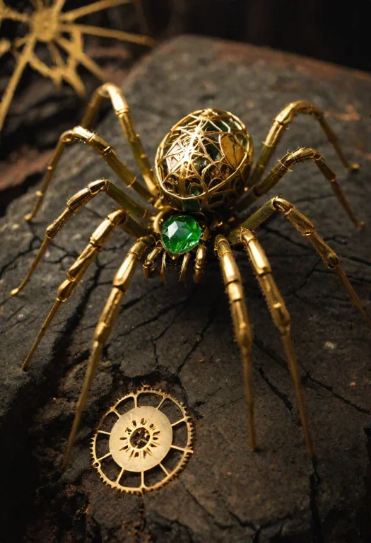 Vintage Gold And Green Mechanical Spider, Cinematic Photogra...