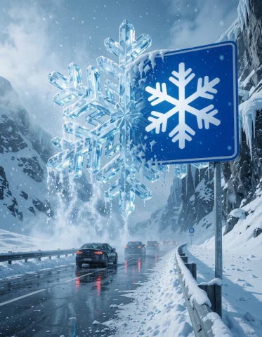 Snowflake to Weather Machine Prompt — Stable Diffusion AI Prompt: A blue winter-condition sign showing a snowflake becomes a living weather machin...