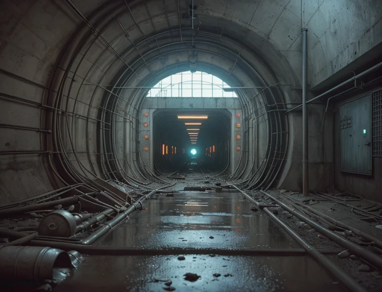 Cinematic Film Still Underground Tunnel Construction, Cracke...