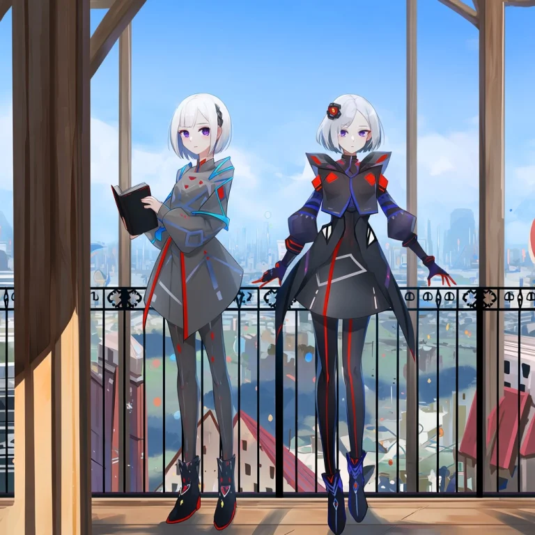 Multiple Girls, 2girls, Book, Railing, White Hair, Outdoors,...