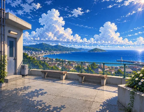 Loratraining2617621-202609221629025841 Z1os, 100 Anime, Cine... — Stable Diffusion AI Prompt: z1os, 100% anime, cinematic wide view of a Japanese school rooftop on a bright...