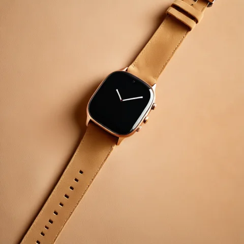 Tech Suede Watch in Warm Light — SDXL AI Prompt: , techsuede, a smartwatch on soft camel-tone suede texture, warm gentle light, r...