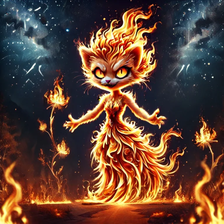 Night Sky With A Ginger Cat, Wearing A Flaming Dress With Sw...