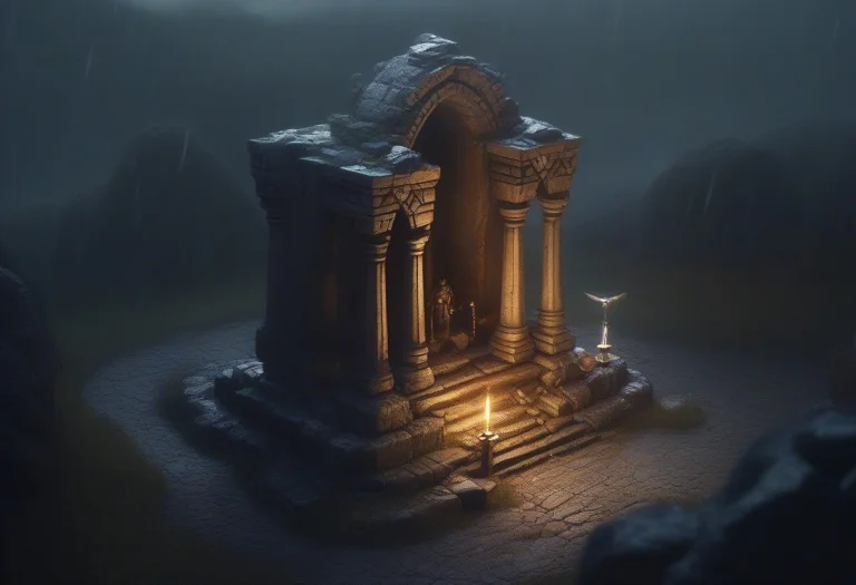 High Quality, Detailed, A Knights Shrine Guarded By Stone Se...