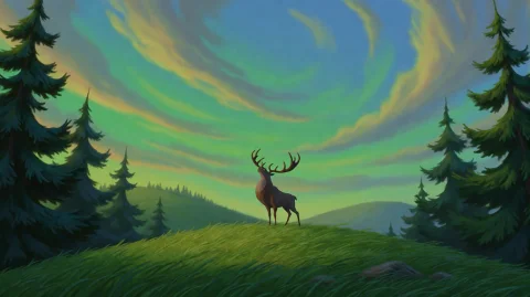 Stag in Dynamic Sky — Stable Diffusion AI Prompt: fnts2000, A solitary stag with large, branching antlers stands atop a grassy hil...