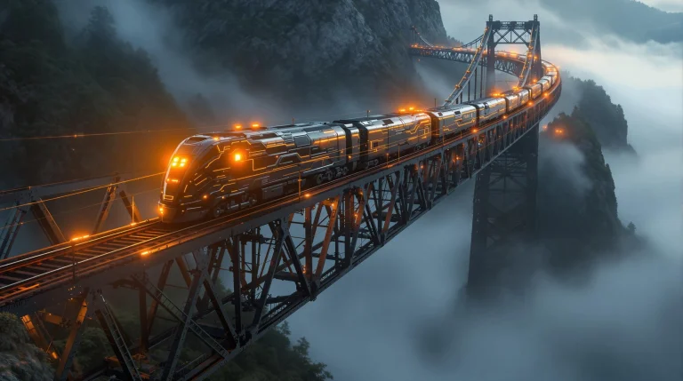 Fictional Rail Vehicle Traversing A Railway Bridge Suspended...