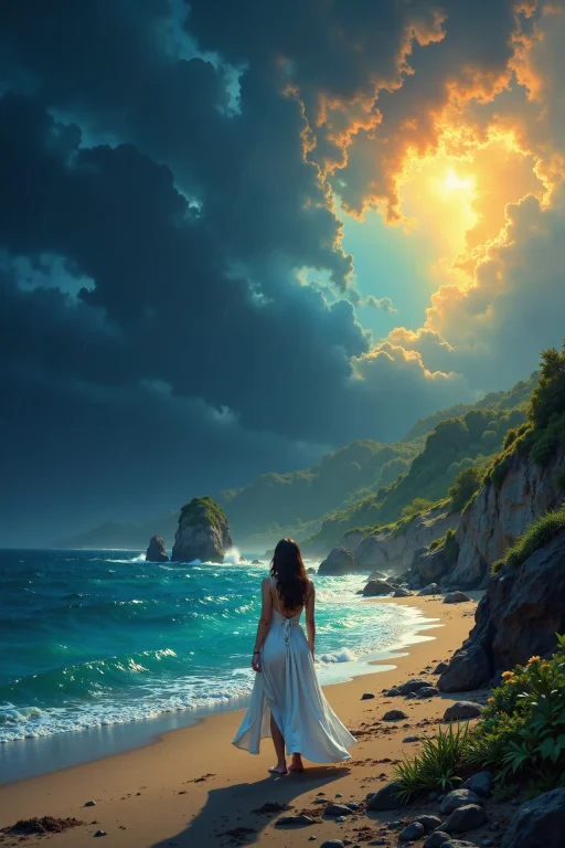 Coast Beautiful Landscape, Rain And Storm, Woman, Very Intri...
