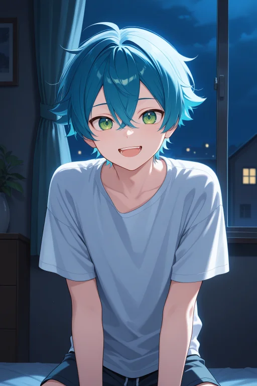 1 Boy, Short Hair, Green Eyes, Blue Hair, Teenage Hair, Betw...