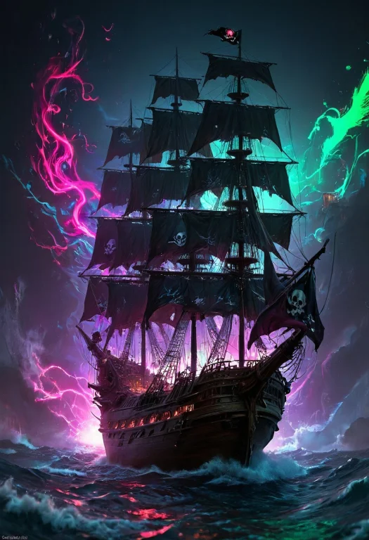Masterpiece, Neon Splash Art, Pirate Ship, Silhouetted, Blac...