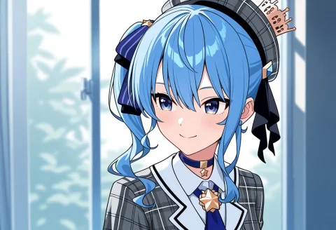 Hoshimachi Suisei,1girl, Blue Hair, Side Ponytail, Star Chok... — Stable Diffusion AI Prompt: {{{hoshimachi suisei}},{1girl}, blue hair, side ponytail, star choker,, grey pla...