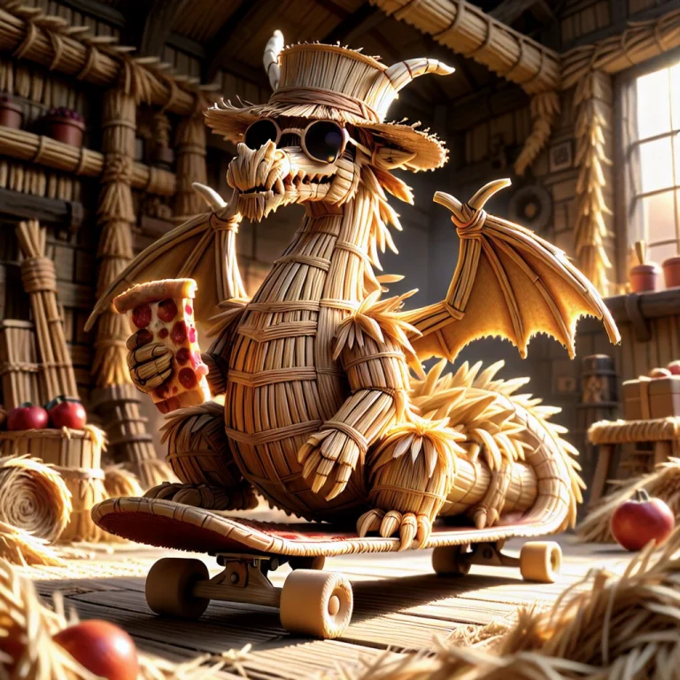 A Detailed Dragon With A Skin Made Of Dried Straw Texture, B...