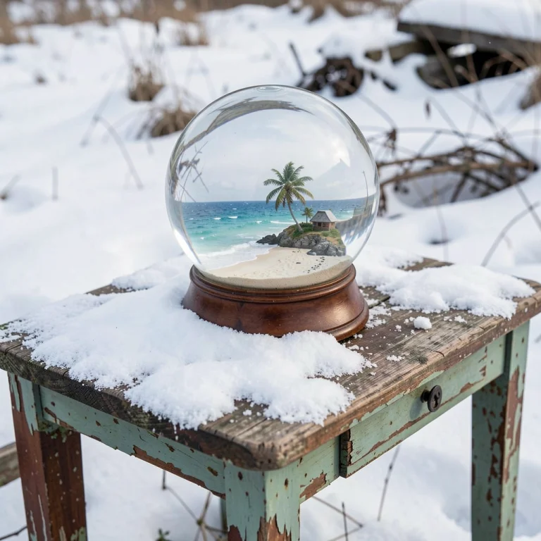 A Snow Globe With A Diorama Of A Beach Inside It, Sitting On...