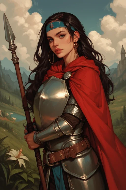 1girl, Weapon, Polearm, Shield, Solo, Black Hair, Holding, H...