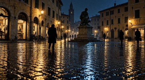 A Deserted Italian Piazza At Midnight. Flickering Yellow Str... — Stable Diffusion AI Prompt: A deserted Italian piazza at midnight. Flickering yellow streetlights cast pools...