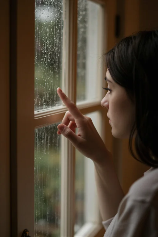 A Woman Gently Traces Her Fingertip Along The Edge Of A Wind...