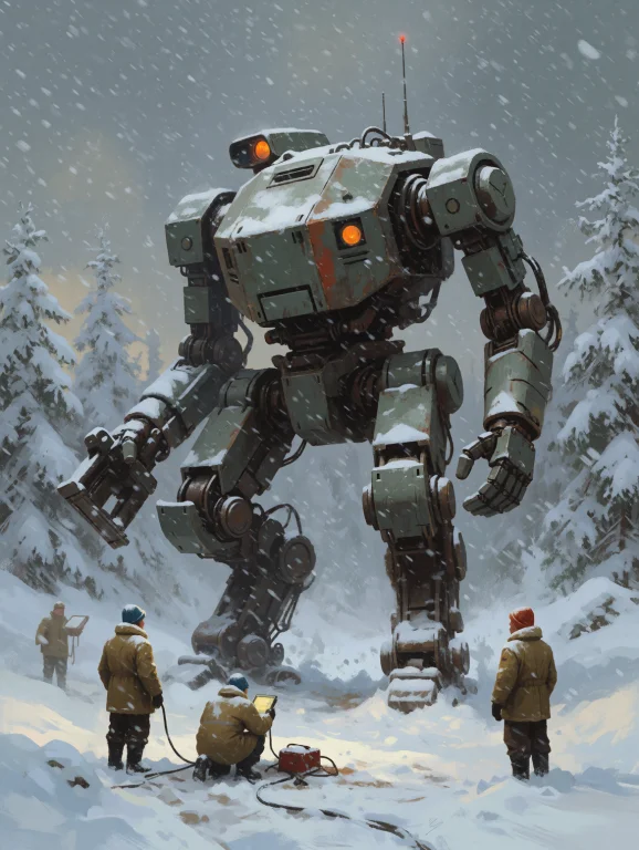 Digital Painting Of A Massive Mech Worker In The Snow With T...