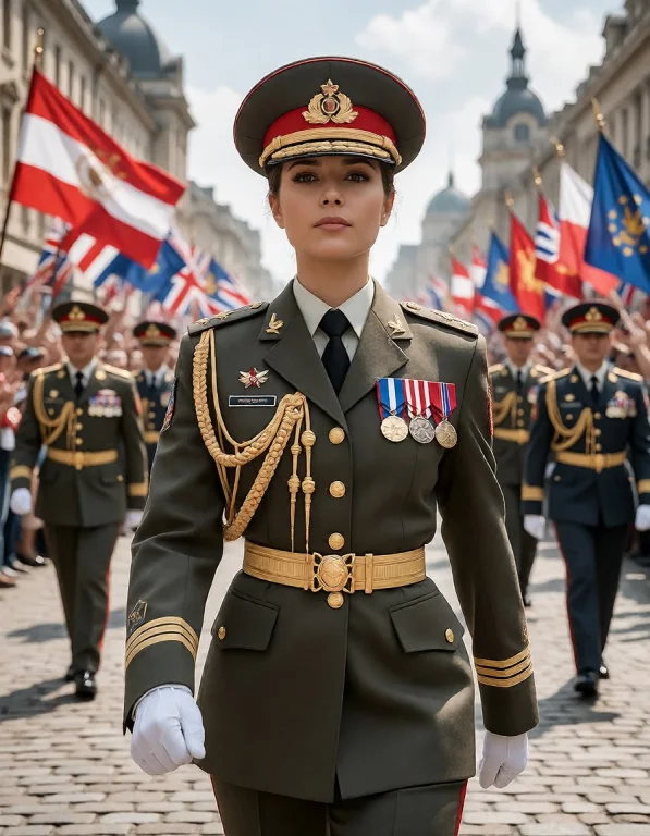 A Female Military Officer Marching In A Dress Uniform During...