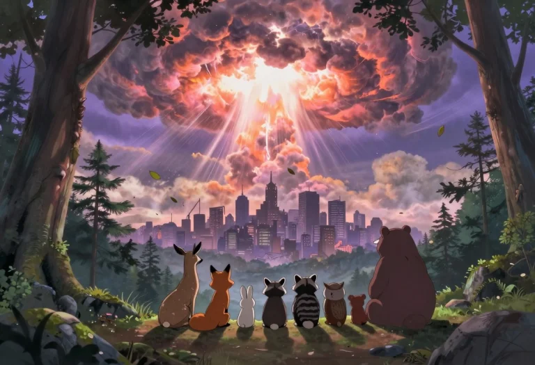 Cinematic Anime-style Wide Shot From Behind A Small Group Of...