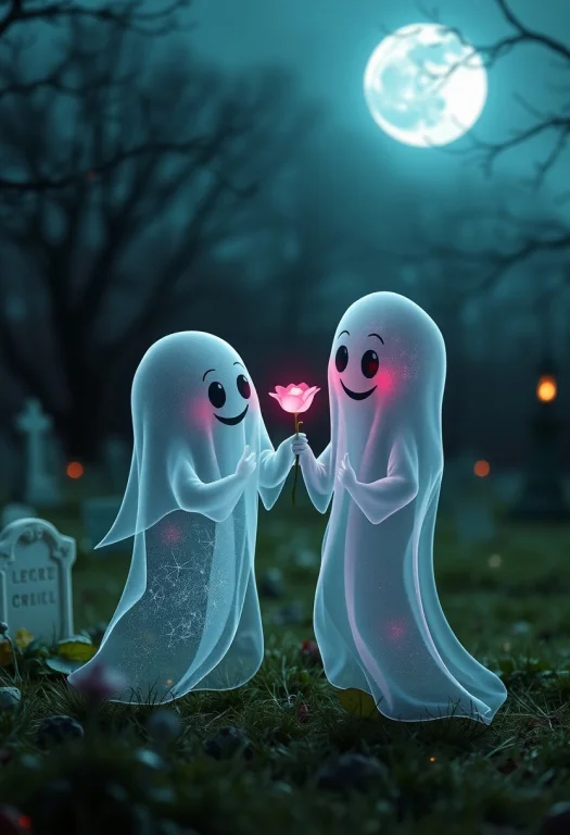 A Hyper-stylized Image Of A Cute Halloween Ghost Couple Spen...