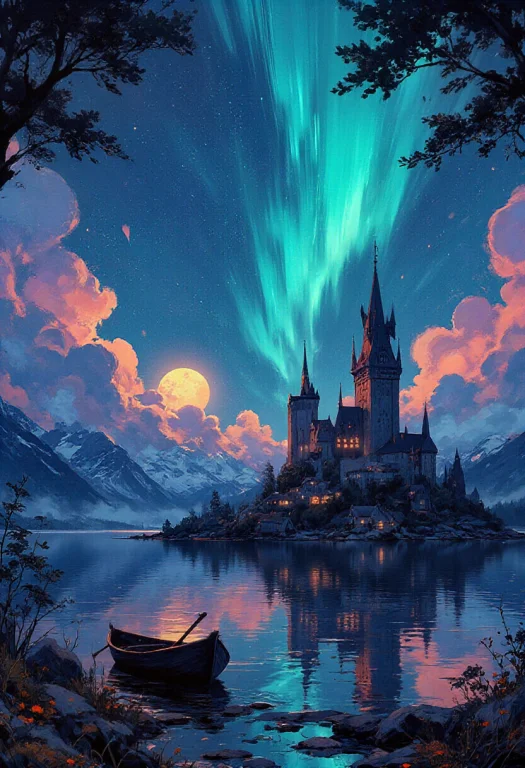 A Tranquil Fantasy Lakeside Village Beneath A Spectacular No...