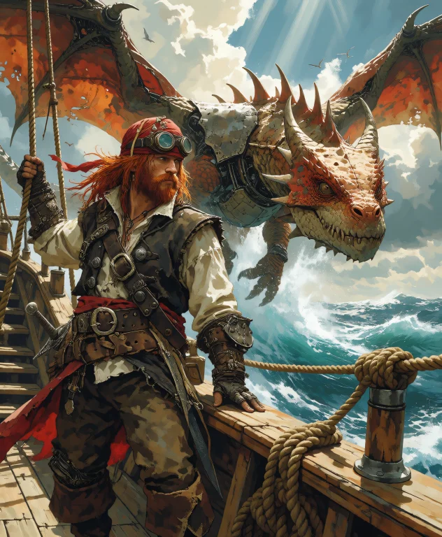 A Rugged, Red-haired Pirate With A Red Bandana And Goggles S...