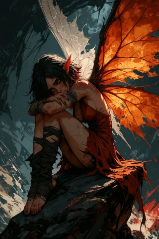 Ta86inkriot, Thin Black Outlines, A Small, Melancholic Fairy... — Stable Diffusion AI Prompt: ta86_inkriot, thin black outlines, A small, melancholic fairy with pointed ears...