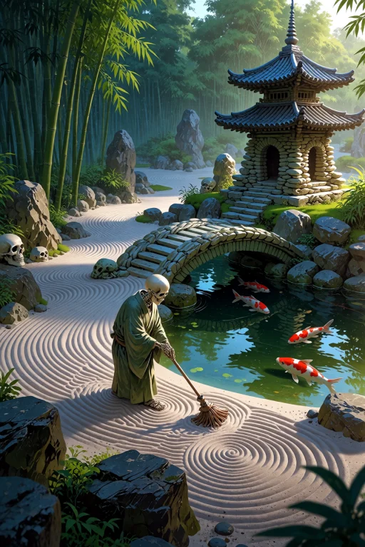 , Boneswm, A Serene Japanese Zen Garden With Raked Sand Patt...