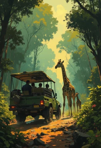 Create A Breathtaking Close-up Image Of 1 Safari Car From Be... — FLUX AI Prompt: Create a breathtaking close-up image of 1 safari car from behind driving through...