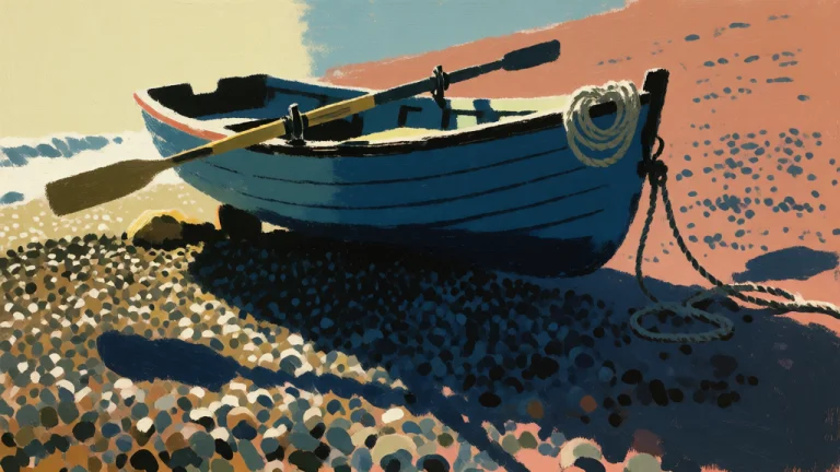 A Small Blue Rowing Boat Pulled Up On A Shingle Beach With O...