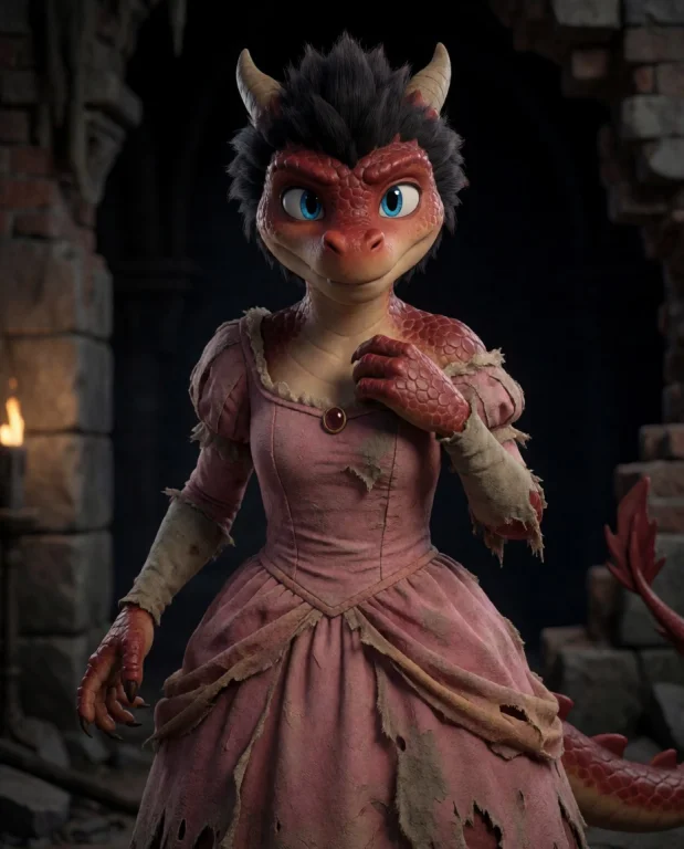 Cinematic Shot Of A Cute Anthro Dragon Woman With A Distinct...