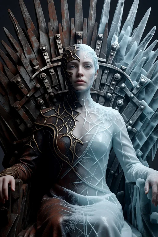 Mid-shot, A Woman Seated On A Throne Of Cracked Ice And Rust...