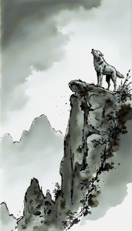 Ink-77, Majestic Ink Wash Painting Of Lone Wolf Howling On M...