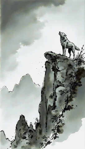 Ink-77, Majestic Ink Wash Painting Of Lone Wolf Howling On M... — Stable Diffusion AI Prompt: ink-77, Majestic ink wash painting of lone wolf howling on mountain cliff during...