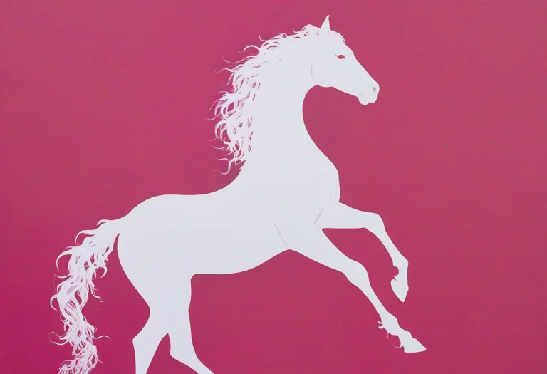 Ink Art, Silhouette Of A White Horse, Pink Background, Chine...