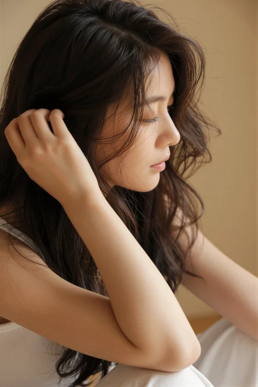 A Woman Runs Her Fingers Slowly Through Her Own Loose Hair,...