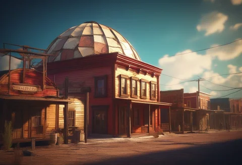 A Frontier Town Under A Cracked Dome Sky, Stylized 3d Render... — SDXL AI Prompt: a frontier town under a cracked dome sky, stylized 3d render, soft window light,...