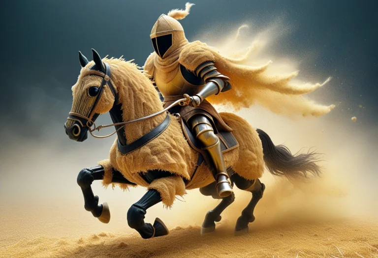 A Straw Knight Charging, Lifting A Cloud Of Golden Dust, Hor...