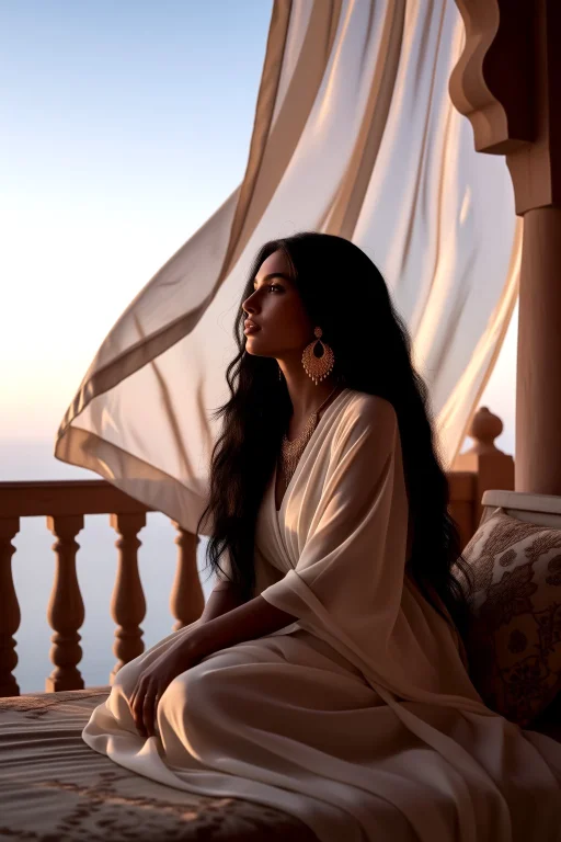 Jasmine Seated On A Palace Balcony At Dawn, Gold Earrings Ca...
