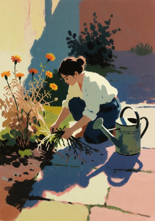 A Woman In Rolled-up Sleeves Kneels On A Stone Path Pulling...