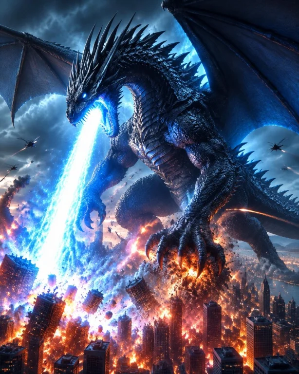Giga Size Dragon Stomping On Tiny City,spitting Strong Blue...