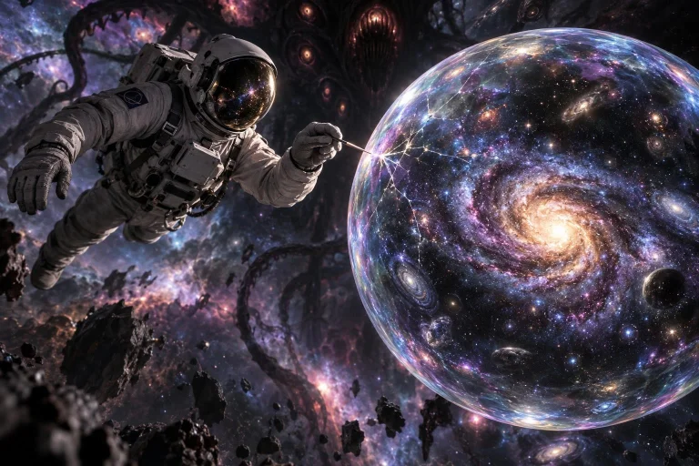 A Casual Astronaut Floating In Deep Space, Holding A Sharp P...