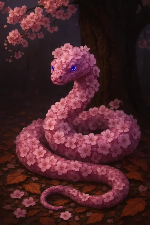 A Majestic And Realistic Cherry Blossom Snake, Its Body Comp...