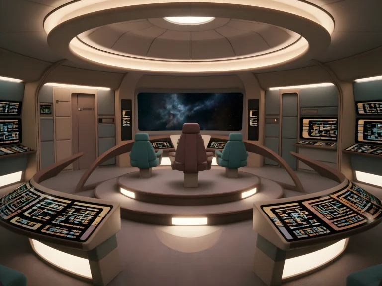 A Wide-angle Interior Shot Of A Futuristic Starship Bridge W...