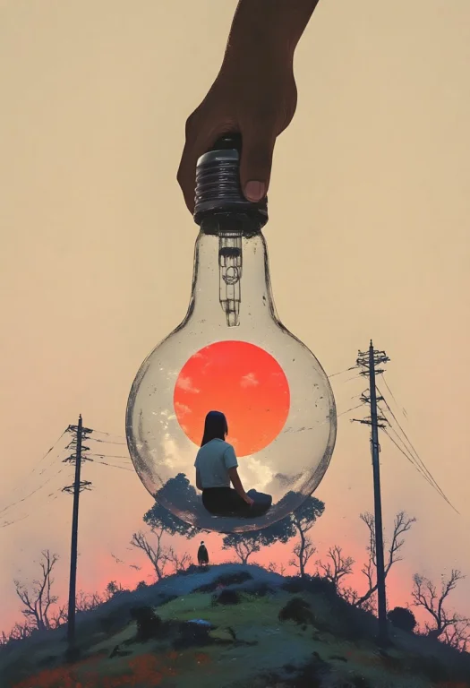 A Young Woman Sits Inside A Large, Reflective Glass Lightbul...