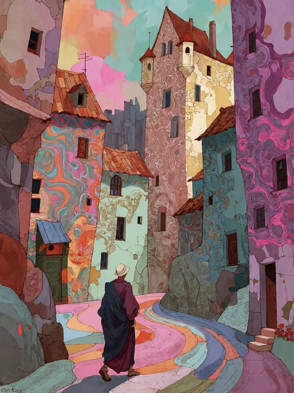 Bradhamel Art Style. A Lone Figure In A Dark Robe Walks Alon...