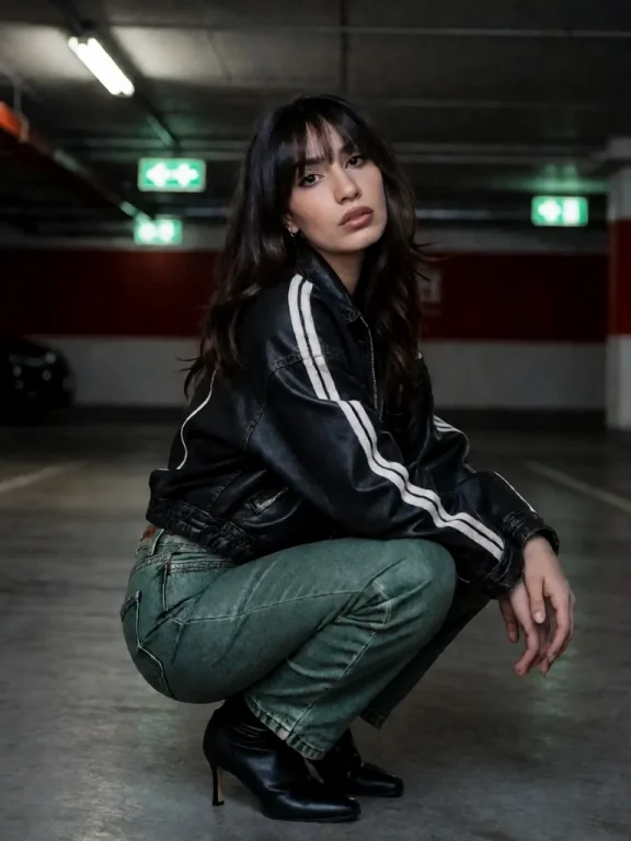 A Young Woman With Long, Wavy Dark Brown Hair Squatting In A...