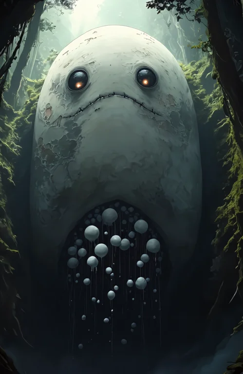 A Massive, Pale, Bulbous Creature Dominates The Center Of Th...